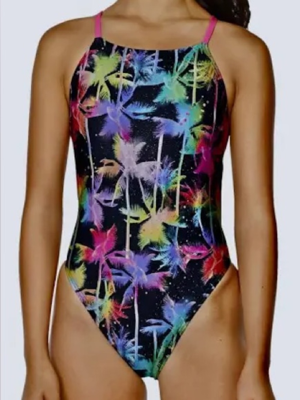 SPEEDO 32 Neon Rainbow Palm Tree Print Swimsuit One Piece High Cut Vintage Vibe